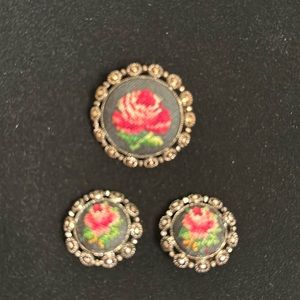Petite Point brooch & clip earring set  Vintage